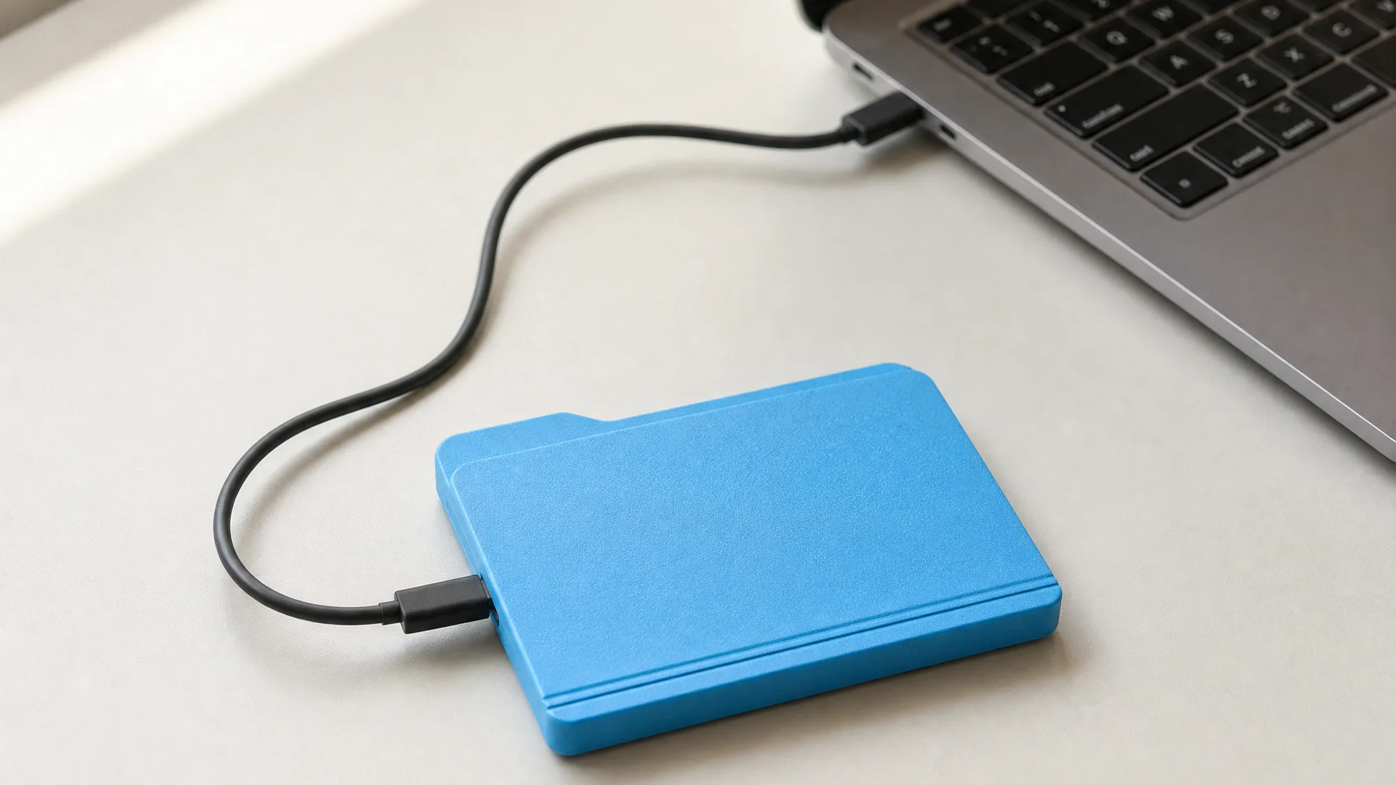 Le FOLDISK branché à un ordinateur portable sur un bureau clair, lumière naturelle