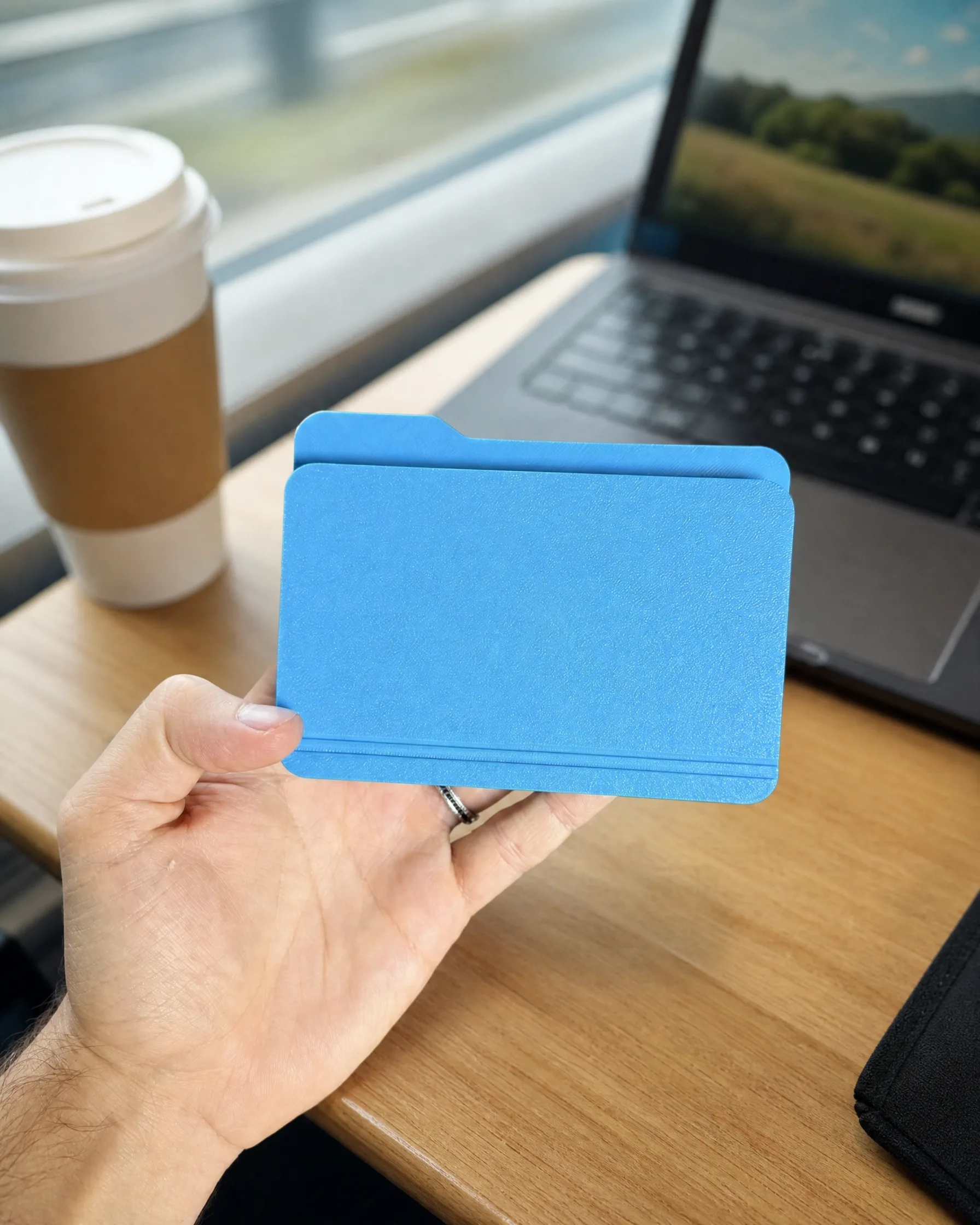 Le FOLDISK tenu en main, câble USB-C branché, lumière naturelle de fenêtre